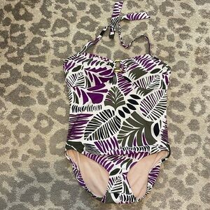 Lands End Womens One Piece Swimsuit Halter Tie Neck Purple Leaf Print 16